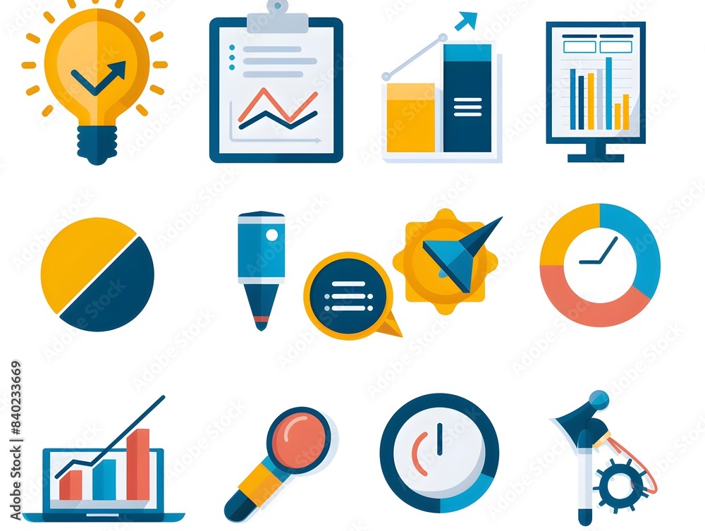 A collection of icons and graphics that represent various aspects of business A collection of icons and graphics that represent various aspects of business