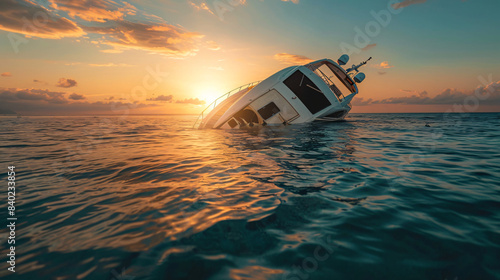 Luxury yacht capsizing in serene ocean waters against a breathtaking sunset backdrop