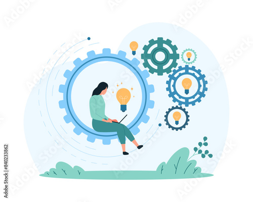 Effective business process, productivity and management of solutions. Tiny woman sitting inside gear with laptop and light bulbs, moving mechanism with creative ideas cartoon vector illustration