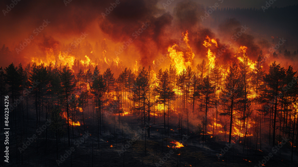 Forest fire devastation in dense woodland.