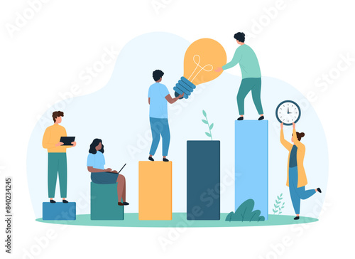 Success ideas for business growth, perspective strategy of corporate company development. Tiny people carry light bulb together and climb bars of finance profit graph cartoon vector illustration