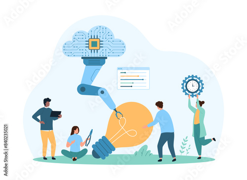 Creation of digital projects and creative ideas using AI, cloud services. Tiny people and robotic arm construct big yellow light bulb, engineers work with settings cartoon vector illustration