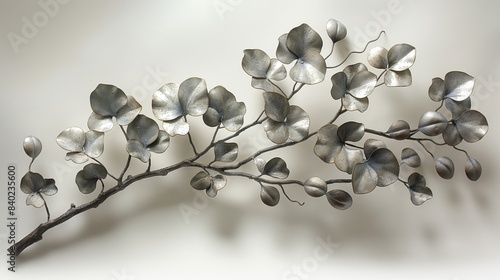 Modern Metallic Eucalyptus Branch Wall Art with Silver Leaves photo