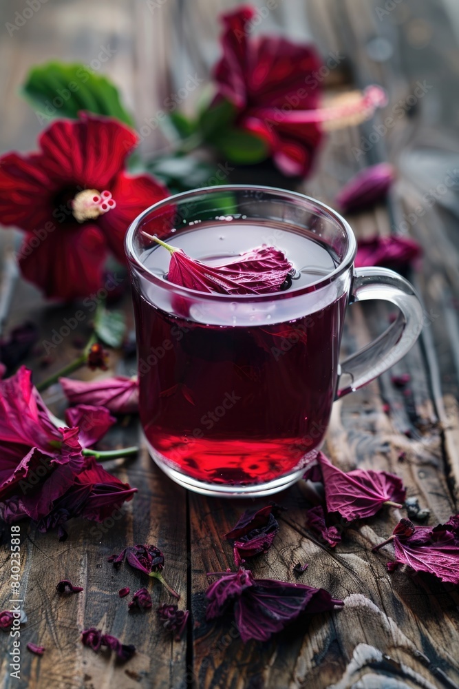 A warm and cozy setting featuring a cup of tea accompanied by vibrant red flowers on a wooden table A warm and cozy setting featuring a cup of tea accompanied by vibrant red flowers on a wooden table