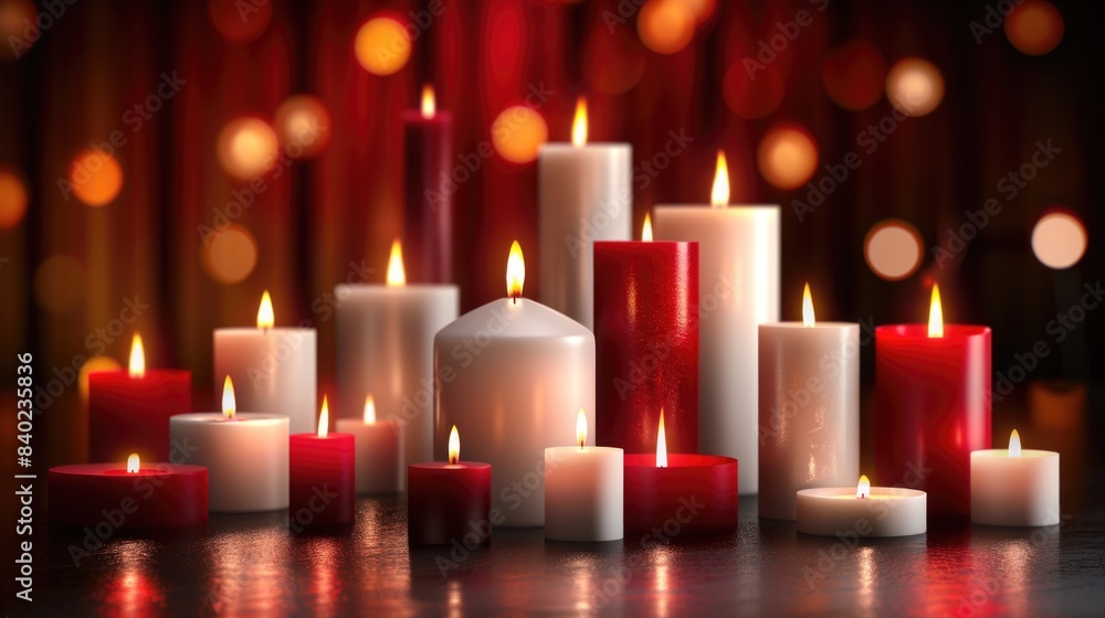 A group of red and white candles, lit and sitting side by side A group of red and white candles, lit and sitting side by side