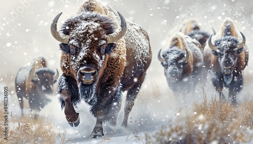 Majestic Bison Leading the Herd Through a Snowy Landscape at Dawn