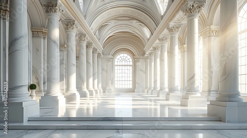 A refined white marble podium in a classical museum setting, with ornate columns and gentle, diffused light, positioned centrally with extensive copy space.