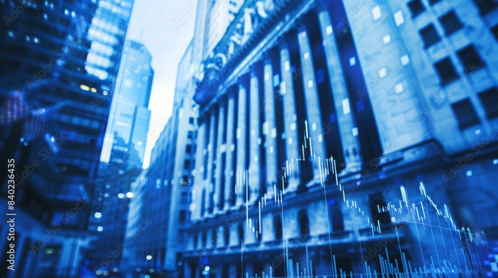 A blue toned cityscape with a skyscraper building in focus, superimposed with a financial stock market chart overlay. A blue toned cityscape with a skyscraper building in focus, superimposed with a financial stock market chart overlay.