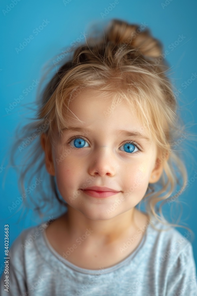 A sweet-looking young girl with bright blue eyes and a messy bun, sitting or standing in various settings A sweet-looking young girl with bright blue eyes and a messy bun, sitting or standing in various settings