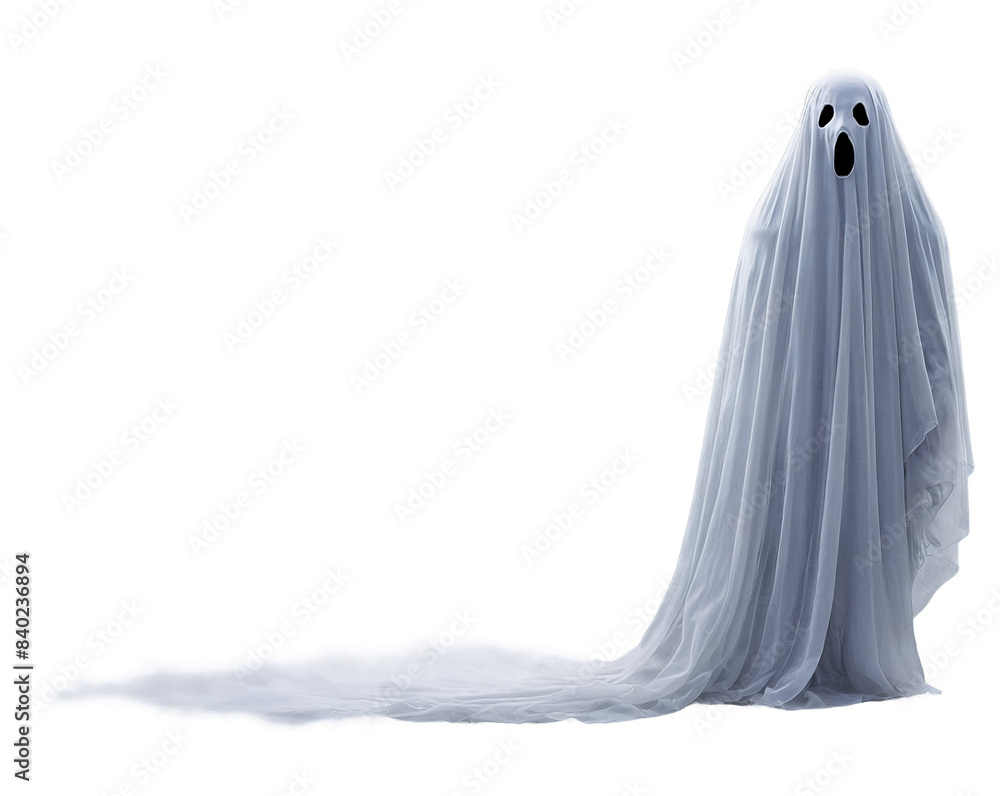 A spooky ghostly figure draped in a white sheet against a light background, symbolizes haunting A spooky ghostly figure draped in a white sheet against a light background, symbolizes haunting