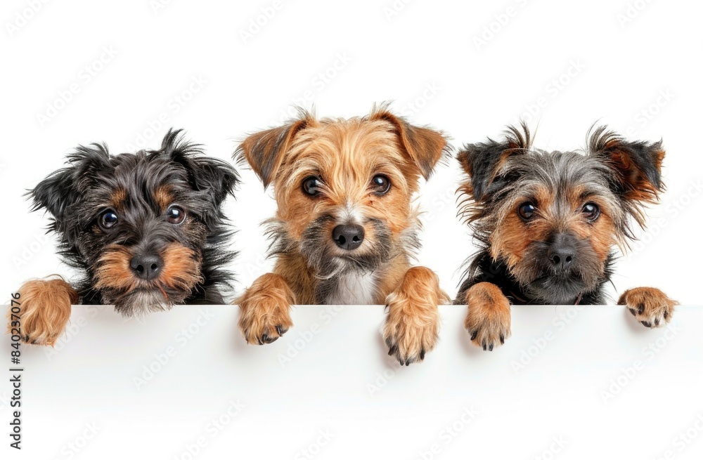 Four black and white dogs looking over white wall Four black and white dogs looking over white wall