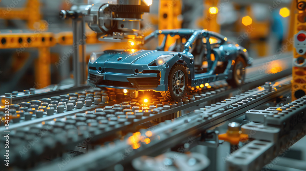 An engineer assembles an electric blue toy car at a toy factory An engineer assembles an electric blue toy car at a toy factory