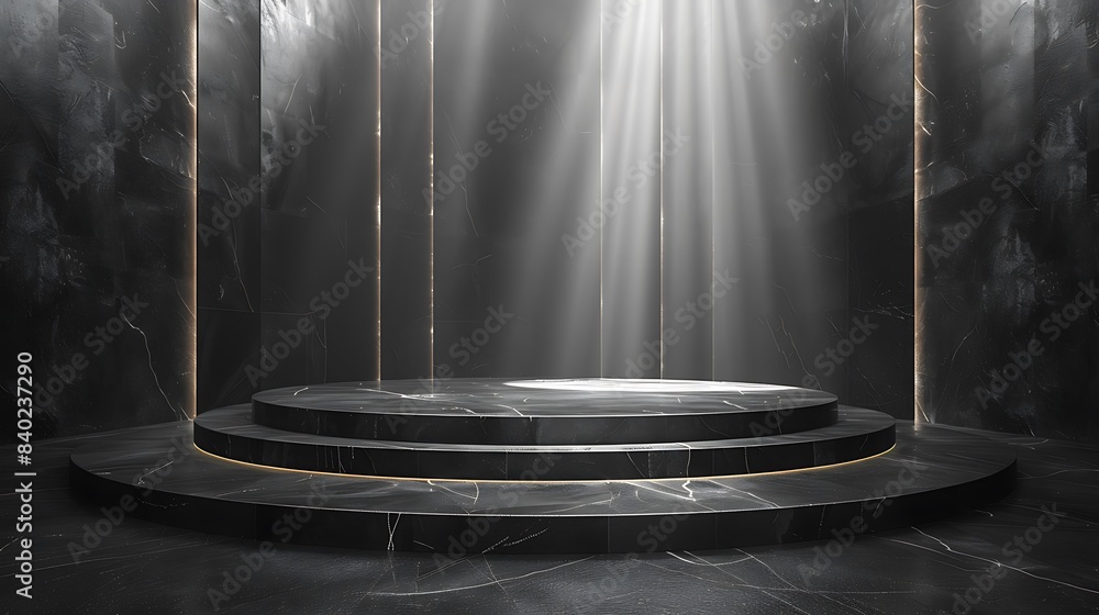 Obraz premium A sleek black glossy podium in a luxury environment, illuminated by focused spotlights, positioned centrally with ample copy space.