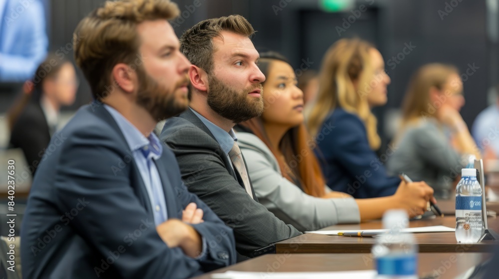 A group of young professionals sit attentively during a conference, listening intently to a speaker or presentation. A group of young professionals sit attentively during a conference, listening intently to a speaker or presentation.