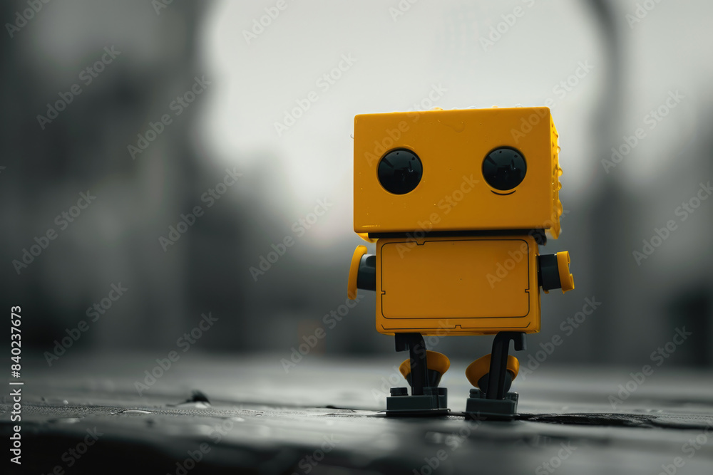 A small yellow robot sitting on a table, possibly used as a decorative or figurine A small yellow robot sitting on a table, possibly used as a decorative or figurine