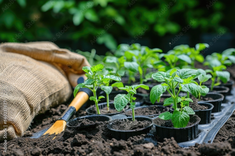A bag containing young plants and a gardening tool for planting A bag containing young plants and a gardening tool for planting