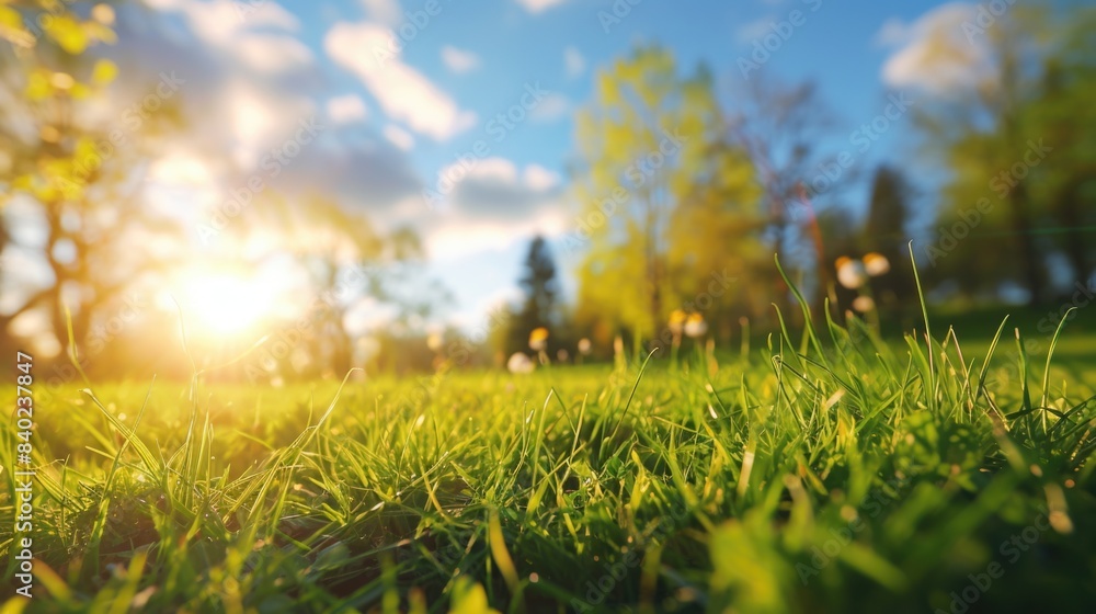 A sunny day with bright sunlight shining through lush green grass, ideal for outdoor activities or a peaceful atmosphere