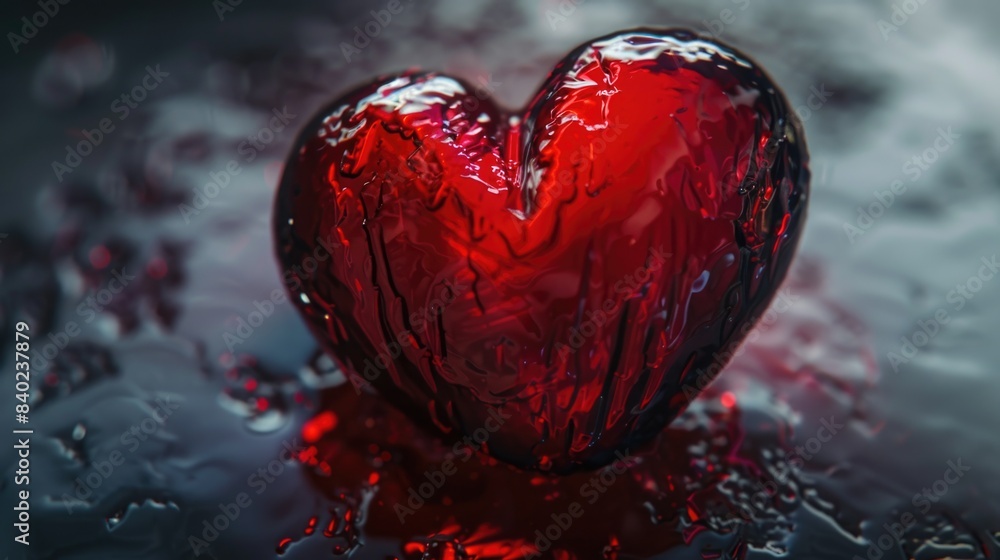A red glass heart sits alone on a table, perfect for romantic or Valentine's Day themes A red glass heart sits alone on a table, perfect for romantic or Valentine's Day themes