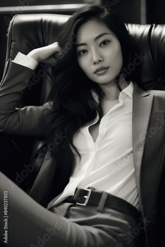 A close-up photograph of a woman in a business suit, likely taken in an office setting
