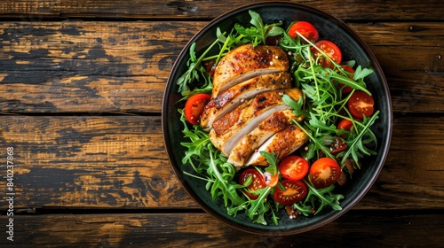 A fresh plate of grilled chicken, ripe tomatoes, and peppery arugula on a natural wood surface photo