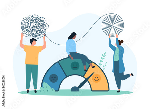 Mental health problem, psychotherapy for patient with stress. Tiny people untangle chaos of thoughts in brain, change of mood speedometer scale from negative to good cartoon vector illustration