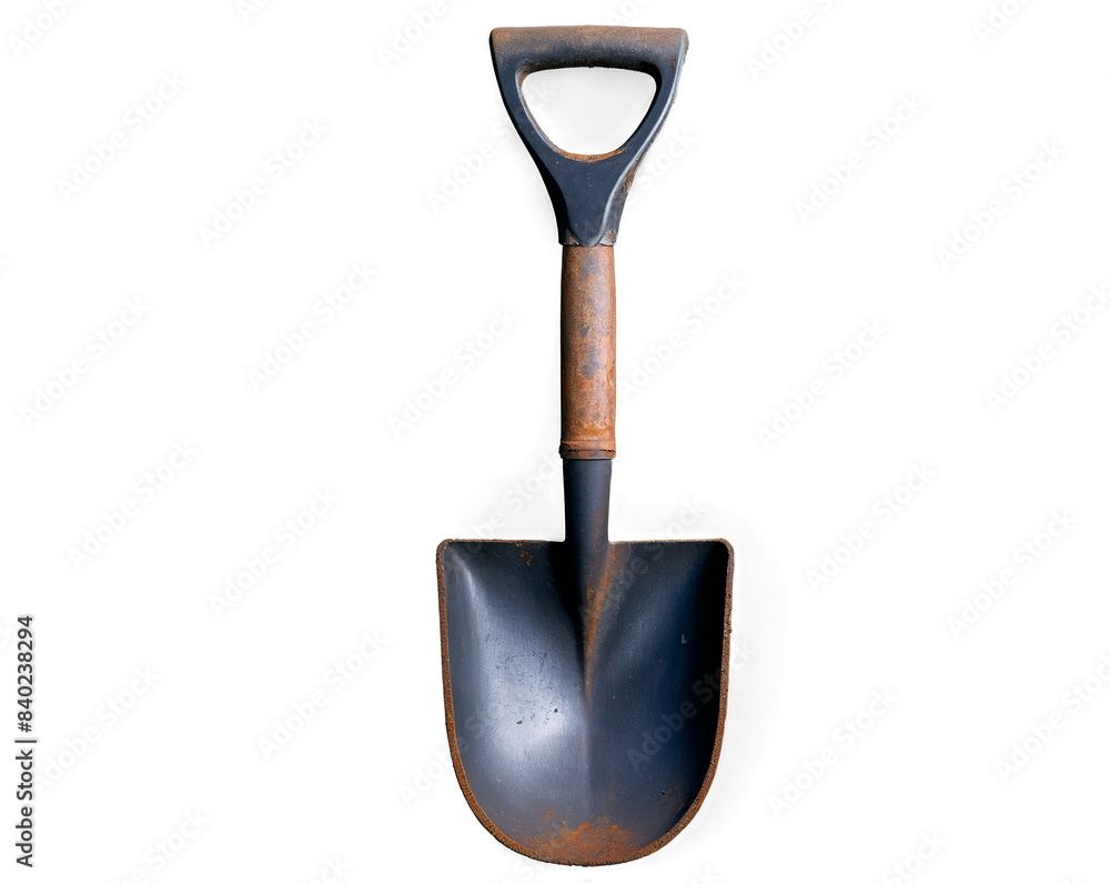 A well-used, rusty metal shovel with a black handle isolated on a white background, showing signs of wear and age A well-used, rusty metal shovel with a black handle isolated on a white background, showing signs of wear and age