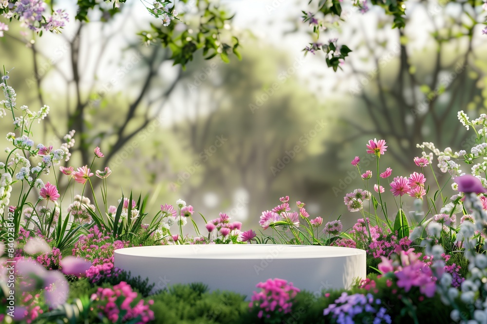 A white podium sits in a garden filled with blooming flowers, creating a beautiful backdrop for showcasing products A white podium sits in a garden filled with blooming flowers, creating a beautiful backdrop for showcasing products