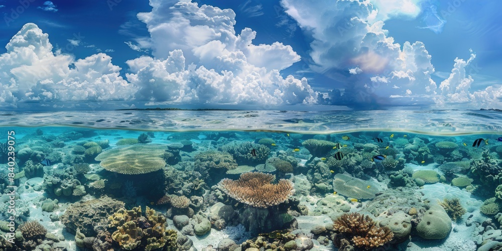 A vibrant coral reef scene featuring various fish species, perfect for use in educational or marketing materials A vibrant coral reef scene featuring various fish species, perfect for use in educational or marketing materials