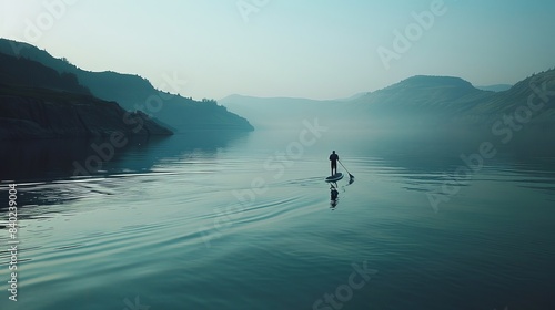 A single paddleboarder glides across a still, mist-covered lake, summer vacation. photo