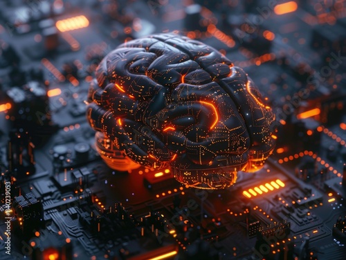 A close-up view of a brain printed on a circuit board, highlighting the intricate connections between neurons and electronics
