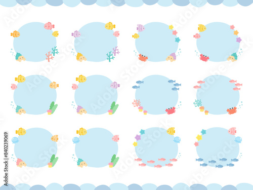 夏の海のフレームセット、かわいい魚や海の生き物たちをあしらった飾り枠のイラストセット01