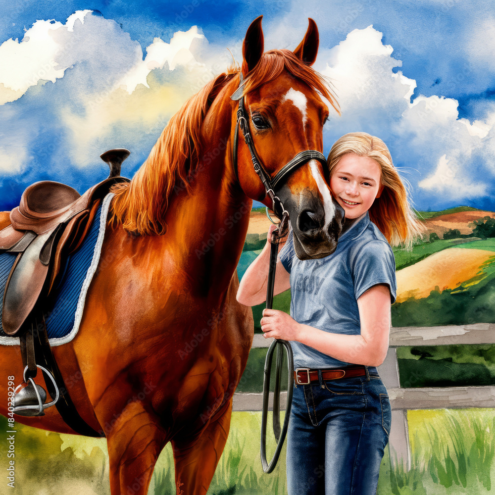 Obraz premium watercolor painting depicting a teenager with blonde hair, bonding with a tall chestnut thoroughbred horse, illustration 