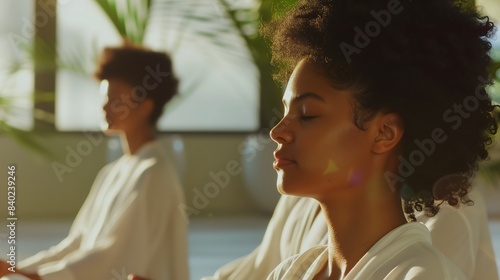 Close-Up of Two Young African American Women with Curly Hair Meditating in Spa, Group mediatation in yoga studio, Wearing White Robes and Focusing on Deep Breathing During Yoga Practice photo