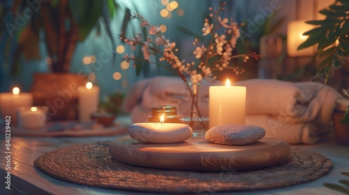 Elegant spa setting with Gua Sha stone treatment, candles and essential oils around, capturing the essence of traditional relaxation techniques photo