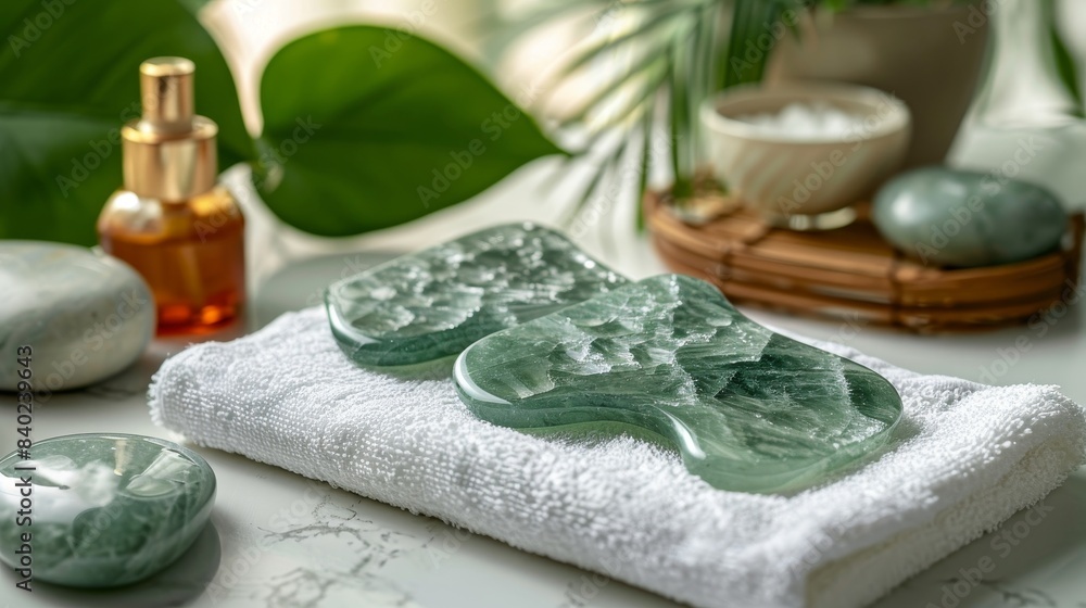 Gua sha tool and two jade scrapers on a white towel, surrounded by spa essentials, serene beauty salon ambiance Gua sha tool and two jade scrapers on a white towel, surrounded by spa essentials, serene beauty salon ambiance