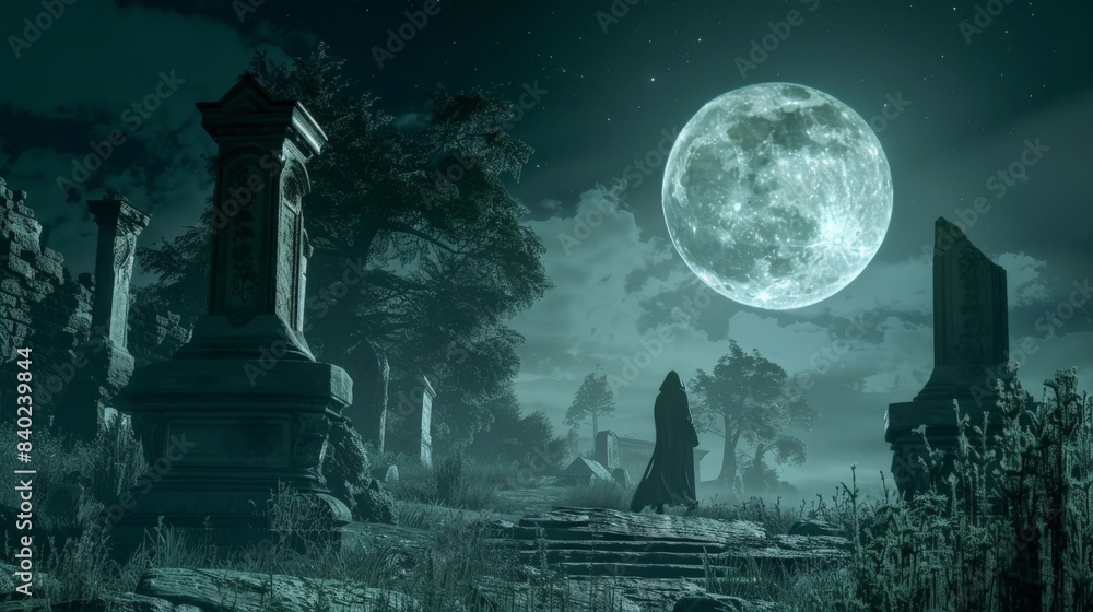 A spectral figure hovering over an ancient graveyard under a full moon A spectral figure hovering over an ancient graveyard under a full moon