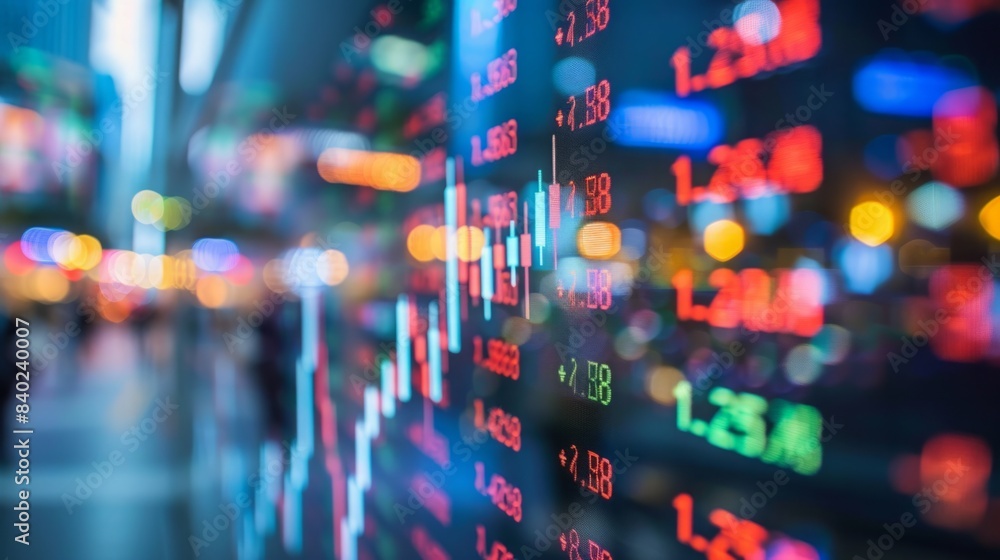 A close-up view of a stock market ticker display with a blurred city skyline in the background.