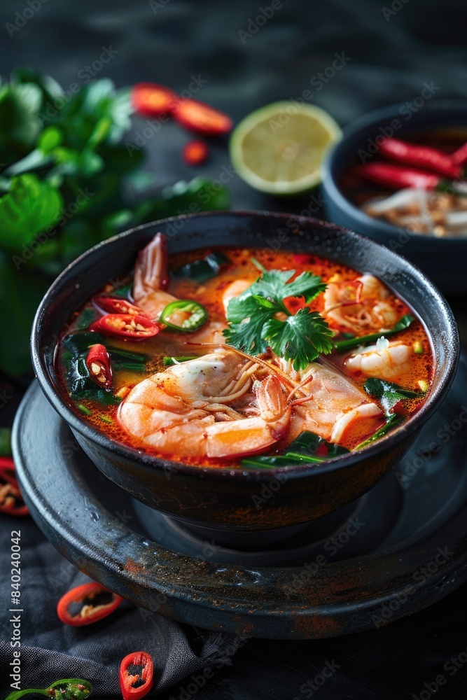 A bowl of hot and savory soup filled with shrimp and mixed vegetables A bowl of hot and savory soup filled with shrimp and mixed vegetables