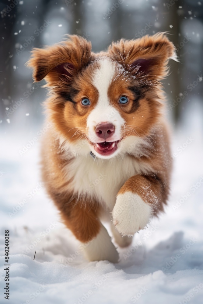 A brown and white dog playing in the snowy field, with deep snowdrifts and winter scenery A brown and white dog playing in the snowy field, with deep snowdrifts and winter scenery