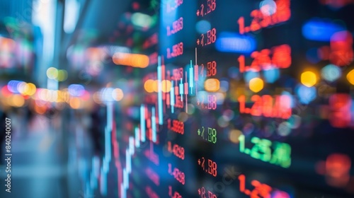 Obraz na płótnie A close-up view of a stock market ticker display with a blurred city skyline in the background. w salonie