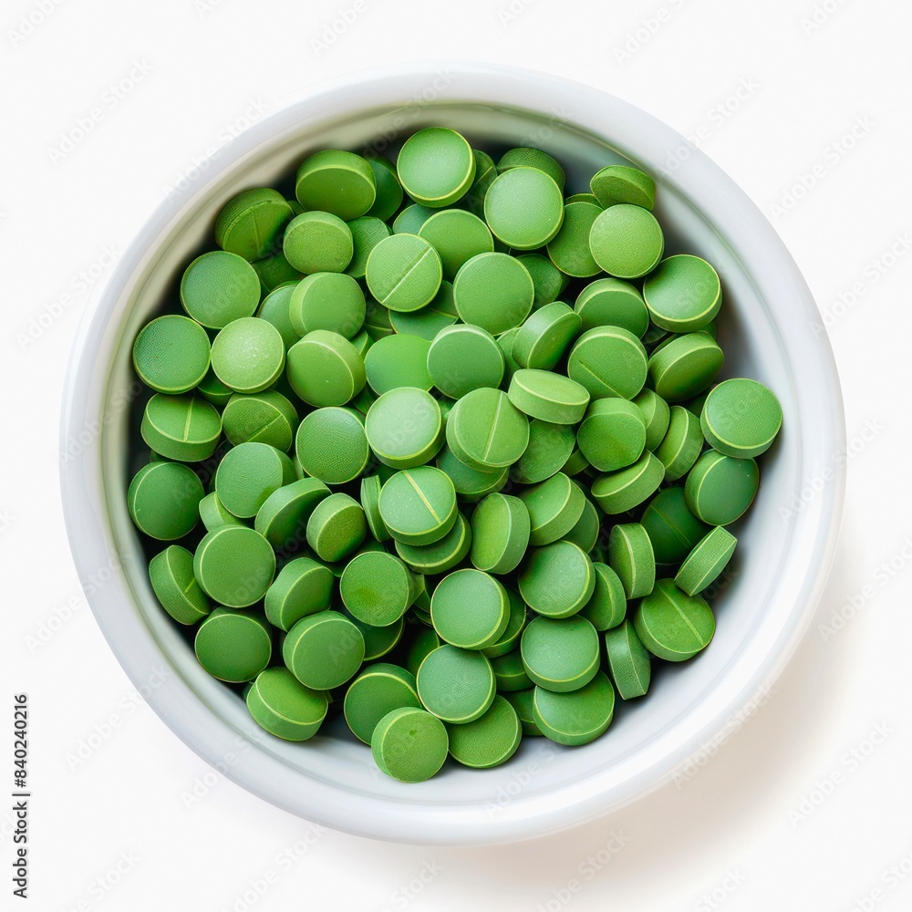 Bowl with green pills isolated on white background, top view. Bowl with green pills isolated on white background, top view.