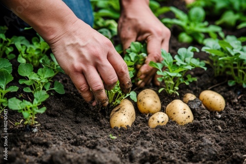 A person collecting potatoes from the ground in a field or garden photo