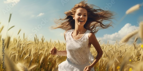 A woman in motion through a golden wheat field