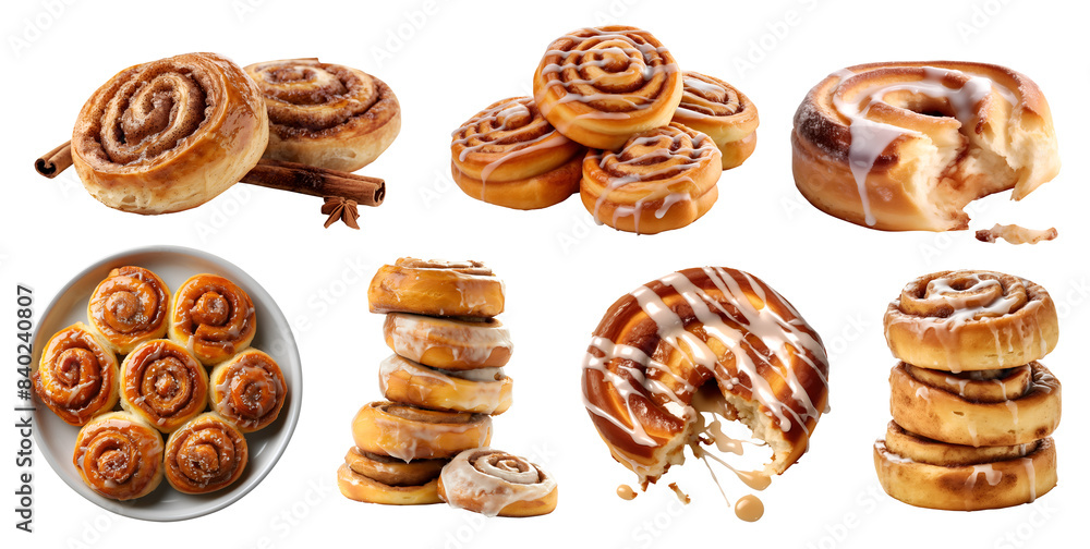 Cinnamon Roll bread bun on transparent cutout, PNG file. Many assorted different angles, stack, broken, slice, pile, view. Mockup template for artwork Cinnamon Roll bread bun on transparent cutout, PNG file. Many assorted different angles, stack, broken, slice, pile, view. Mockup template for artwork