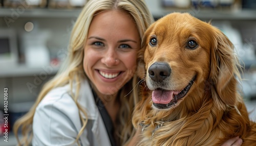 Animal professional vet doctor smiling while gently petting the dog  in her medical facility. AI © Falk