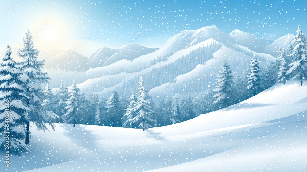 A serene winter scene featuring pine trees in front of a snowy backdrop, ideal for use in calendars or nature-inspired designs