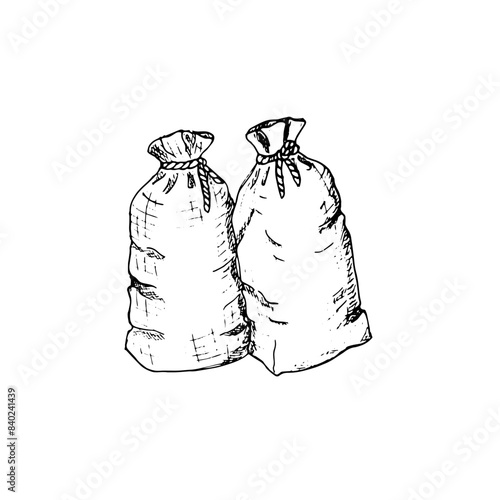 Hand-drawn closed sacks.  Sacks of flour, sugar, rice, and grain. Isolated on white background.
