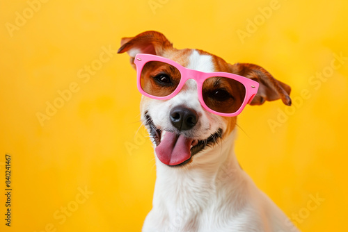 Happy smile Puppy dog wearing pink sunglasses  isolated on  yellow on background, pet summer holiday vacation. © KEA