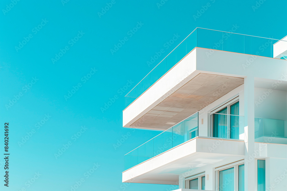 White villa with balcony, terrace over blue sky. Minimalist architecture background with copy space. White villa with balcony, terrace over blue sky. Minimalist architecture background with copy space.