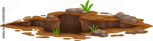 Ground hole, deep dirty pit and burrow in soil or mud surface. Isolated cartoon vector muddy crevice. Environmental natural gap on the lawn, meadow, farm, forest or garden, land excavation or cavity
